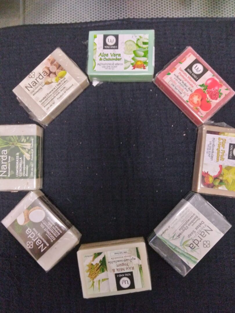 A circle of soap bars with different flavors.