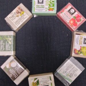 A circle of soap bars with different flavors.